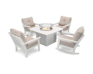 ® Vineyard 5-Piece Deep Seating Rocking Chair Conversation Set with Fire Pit Table (White/Cast Ash) by Polywood – White / Cast Ash