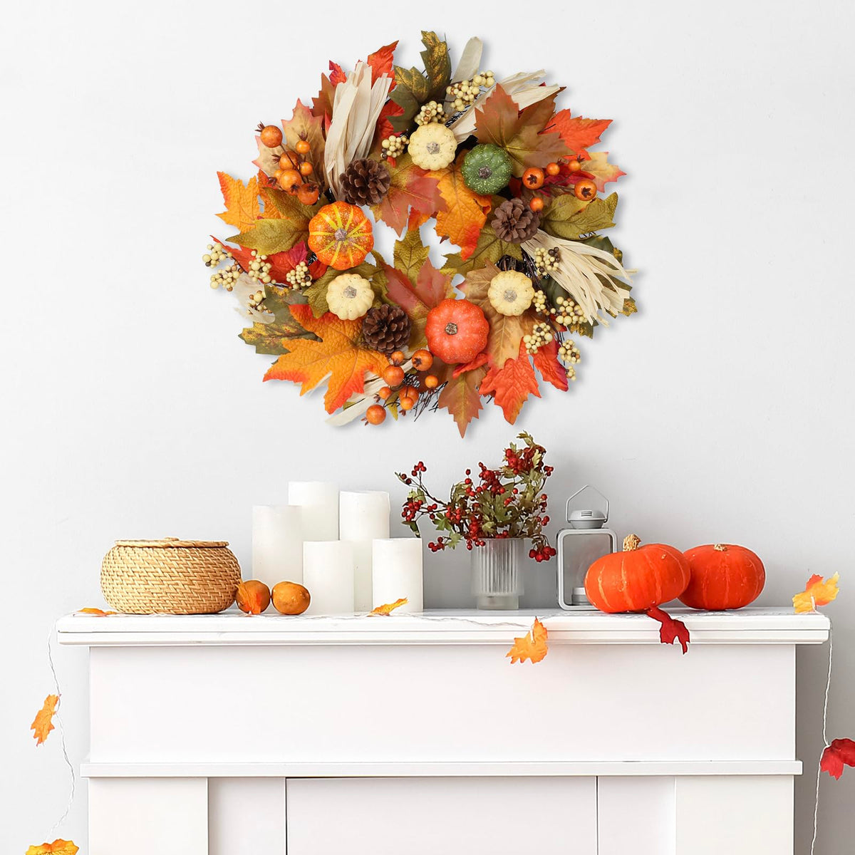 Antizz Autumn Wreath, 24 Inch Diameter, Multicolor Pumpkin Maple