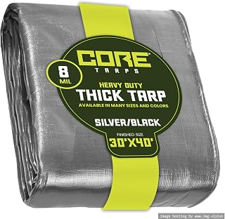 Core Tarps Heavy Duty 8 Mil Tarp Cover, Waterproof, UV Resistant, Rip and Tear Proof, Poly Tarpaulin with Reinforced Edges for Roof, Patio, Pool, Boat. (Silver/Black 30′ X 40′)