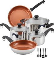Farberware Classic Traditions Stainless Steel Cookware Induction Pots and Pans Set with Prestige Cooking Utensils, 12 Piece - Stainless Steel