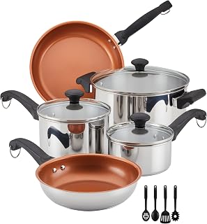 Farberware Classic Traditions Stainless Steel Cookware Induction Pots and Pans Set with Prestige Cooking Utensils, 12 Piece - Stainless Steel