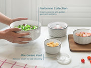 KooK Stoneware Nesting Bowls with Lids, Embossed Ceramic, Set of 4, Ivory