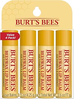 Burt's Bees Lip Balm Stocking Stuffers, Moisturizing Lip Care Holiday Gift, 100% Natural, Original Beeswax with Vitamin E & Peppermint Oil (4 Pack)