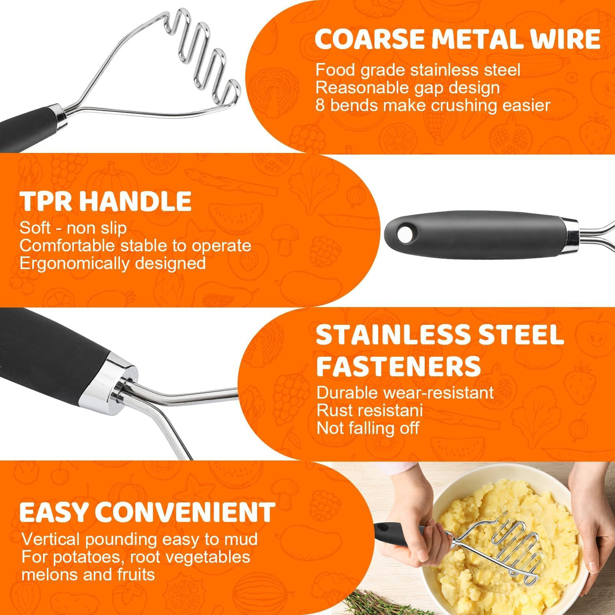 Qbily Potato Masher Set, Stainless Steel, Black, 2 Pieces