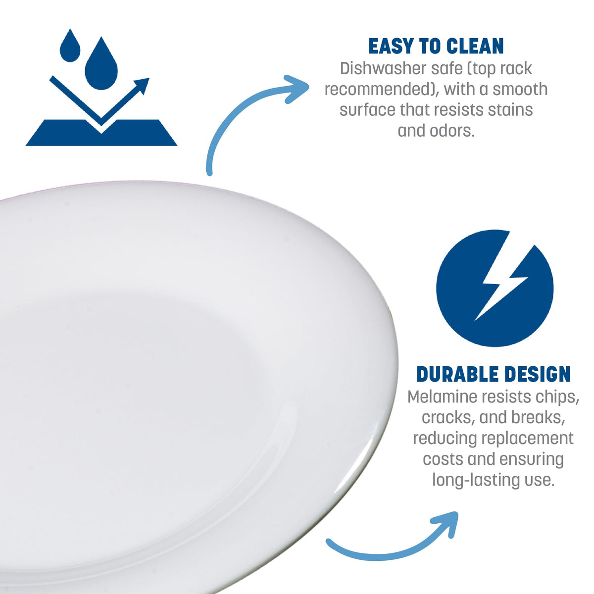 Sierrus Reusable Plastic Plate with Wide Rim for Buffets by Carlisle FoodService Products – 10.5", 0.36743 ounces, Melamine, White, Pack of 12