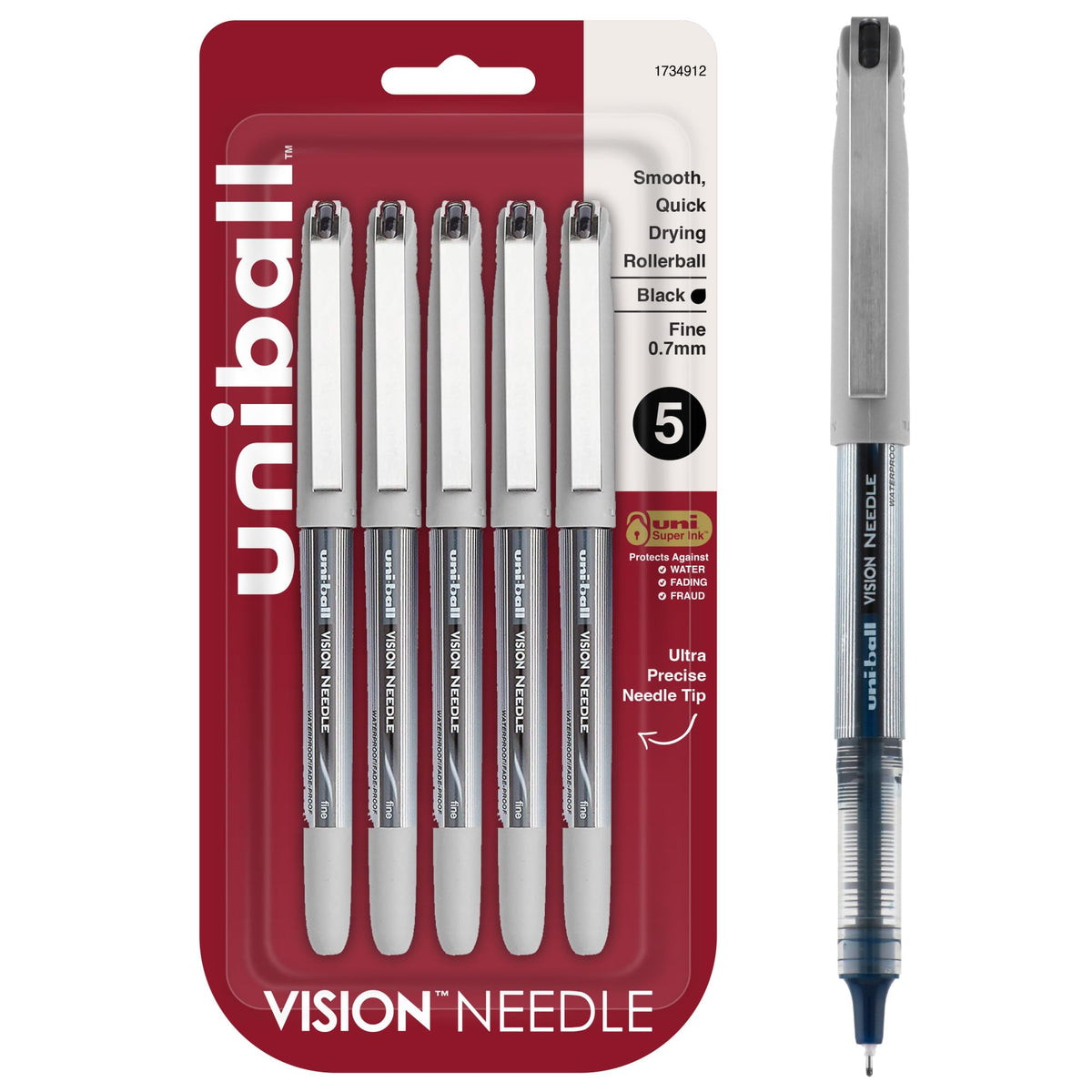 uniball Vision Needle Rollerball Pens by Uni-Ball – 5 Count (Pack of 1), Plastic, Gray, Model 1734912
