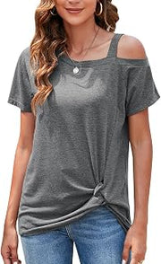 Womens Cold Shoulder Short Sleeve Tops Twist Knot Front Casual Loose Fit T-Shirts