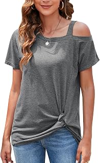 Womens Cold Shoulder Short Sleeve Tops Twist Knot Front Casual Loose Fit T-Shirts
