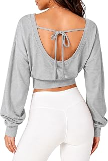 Womens Tie Open Back Crop Top Long Sleeve Banded Bottom Tops