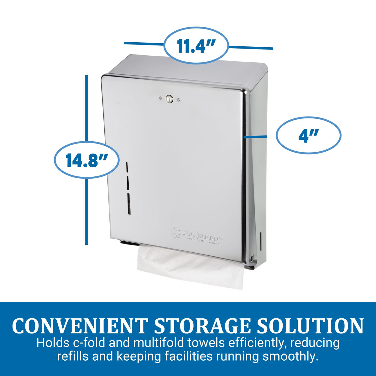 San Jamar C-Fold/Multifold Commercial Towel Dispenser by Carlisle FoodService Products – 14.8" x 11.4" x 4", Stainless Steel, Chrome, Model T1900XC