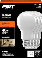 Feit Electric A19 LED Light Bulb, 40W Equivalent, Dimmable, 450 Lumens, E26 Base, 2700K Soft White, 90 CRI, 8.8W Standard Glass Filament Lighting Bulbs, 17,000-Hour Lifetime, A1940/927CA/FIL/4, 4 Pack