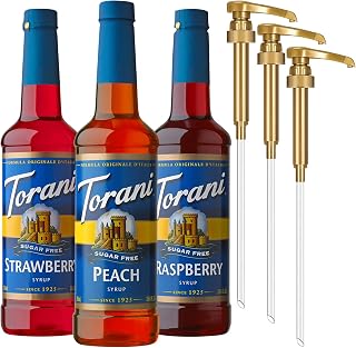 Torani Sugar Free Syrup Variety 3-Pack, Peach, Strawberry, and Raspberry Syrup for Drinks, Zero Calories, Pumps Included, 25.4 Fl Oz Ea