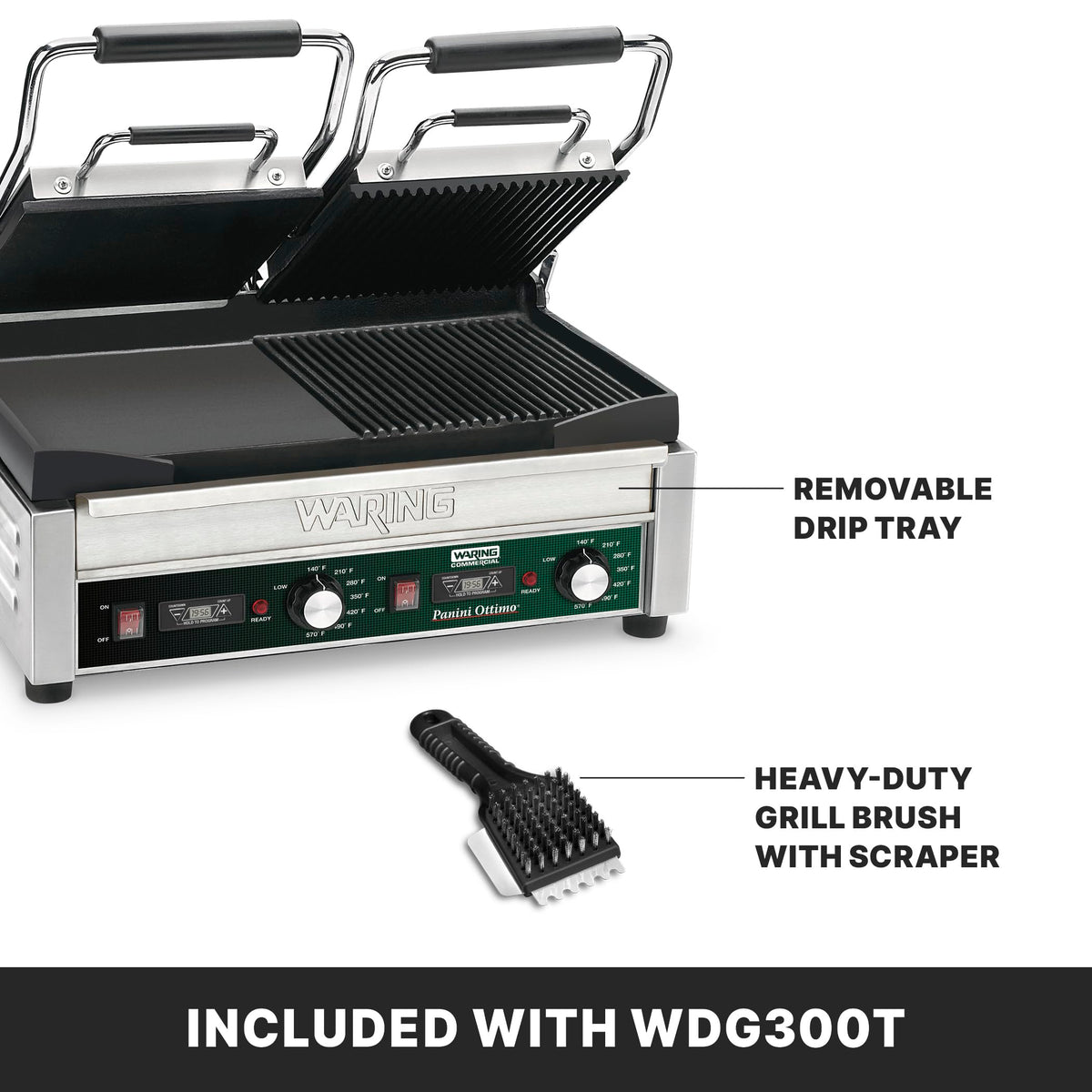 Panini Press with Timer by Waring – Large and Dual Cooking Surface Machines, Iron, Green, Model WDG300T
