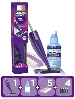 Swiffer WetJet Floor Spray Mop, Starter Kit, Includes: 1 WetJet, 5 Pads, 1 Cleaning Solution & 4 Batteries