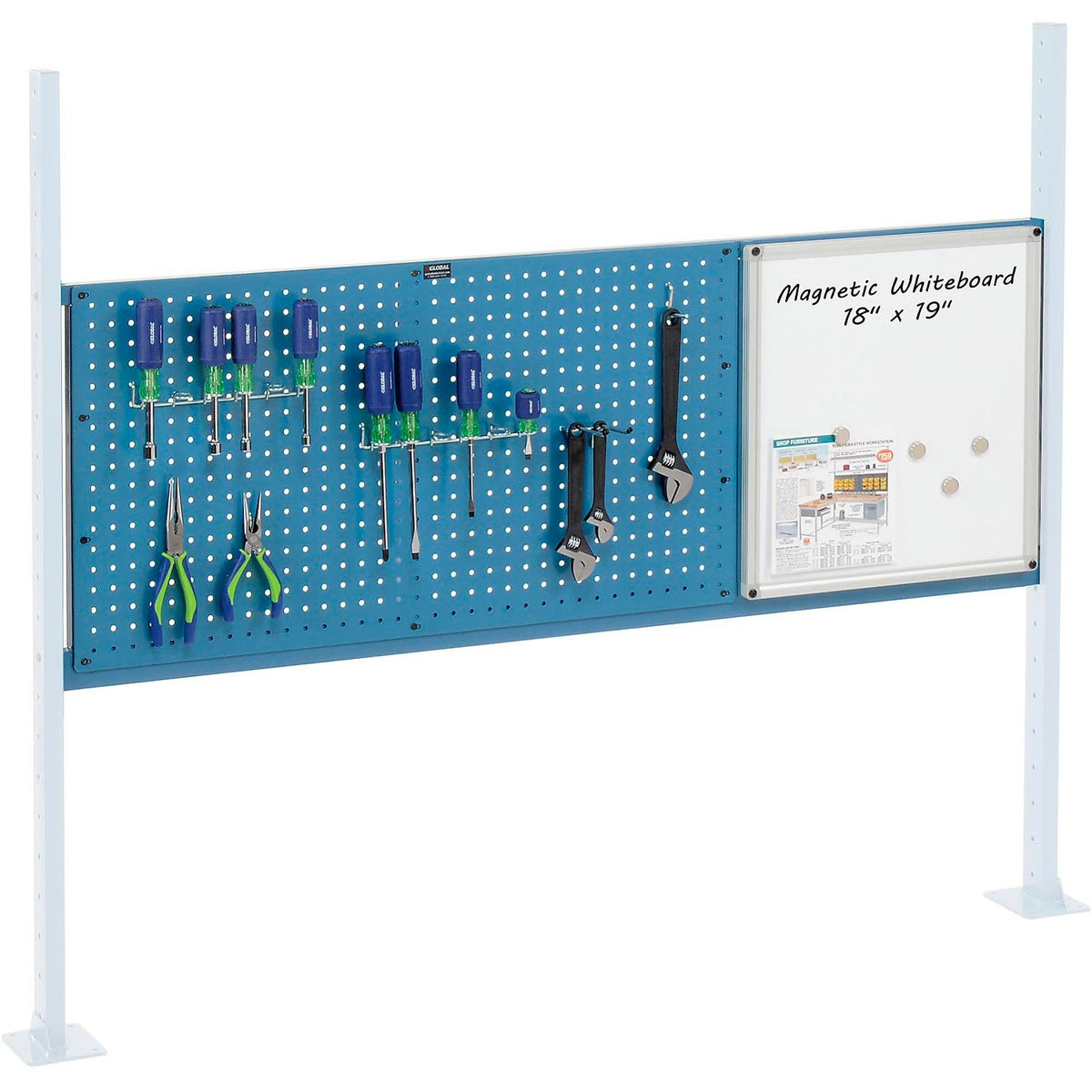 18"W Whiteboard and 36"W Pegboards Mounting Kit for 60"W Workbench - Blue by Global Industrial – 60"W x 19"H, Blue, Model 319174BL