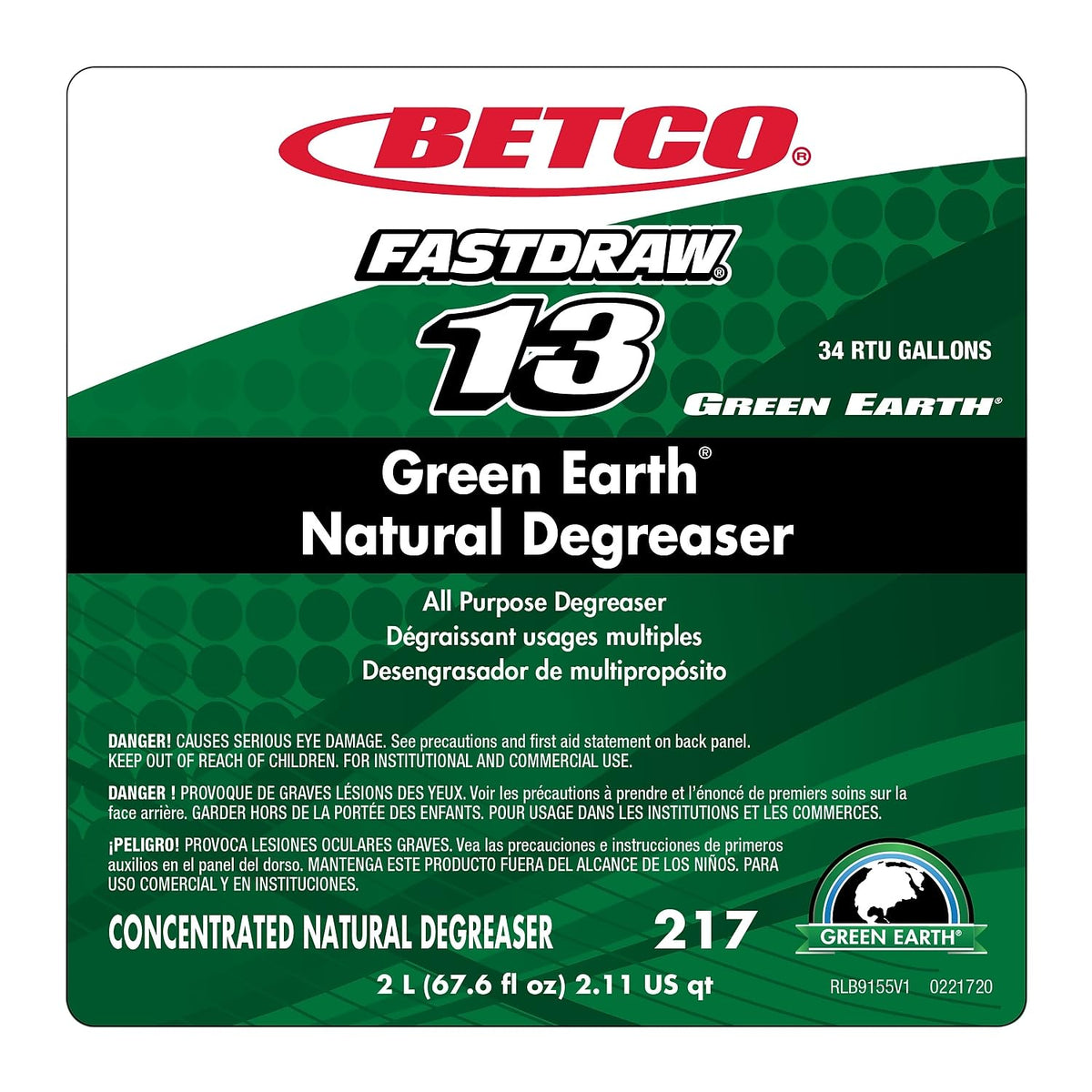 FastDraw 13 Green Earth Natural Hard Surface Degreaser Concentrate by Betco – 67.6 Fl Oz (Pack of 1), Green