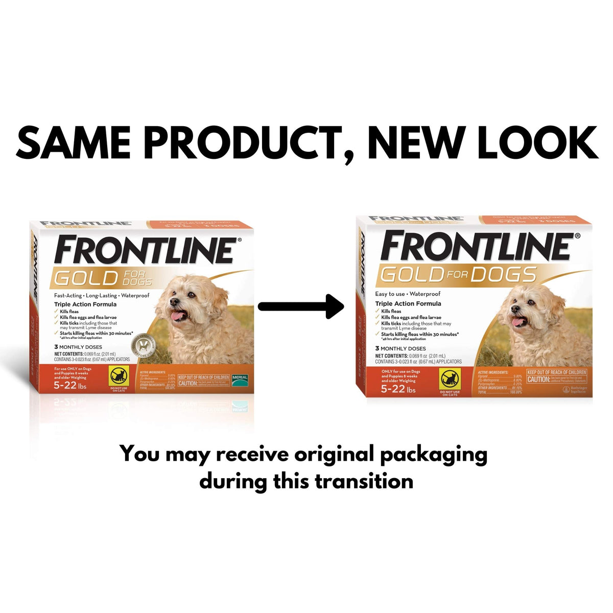 Gold Flea & Tick Treatment for Small Dogs Up to 5 to 22 lbs. by Frontline – 3 CT, Orange Box, Pack of 3, Model 00871