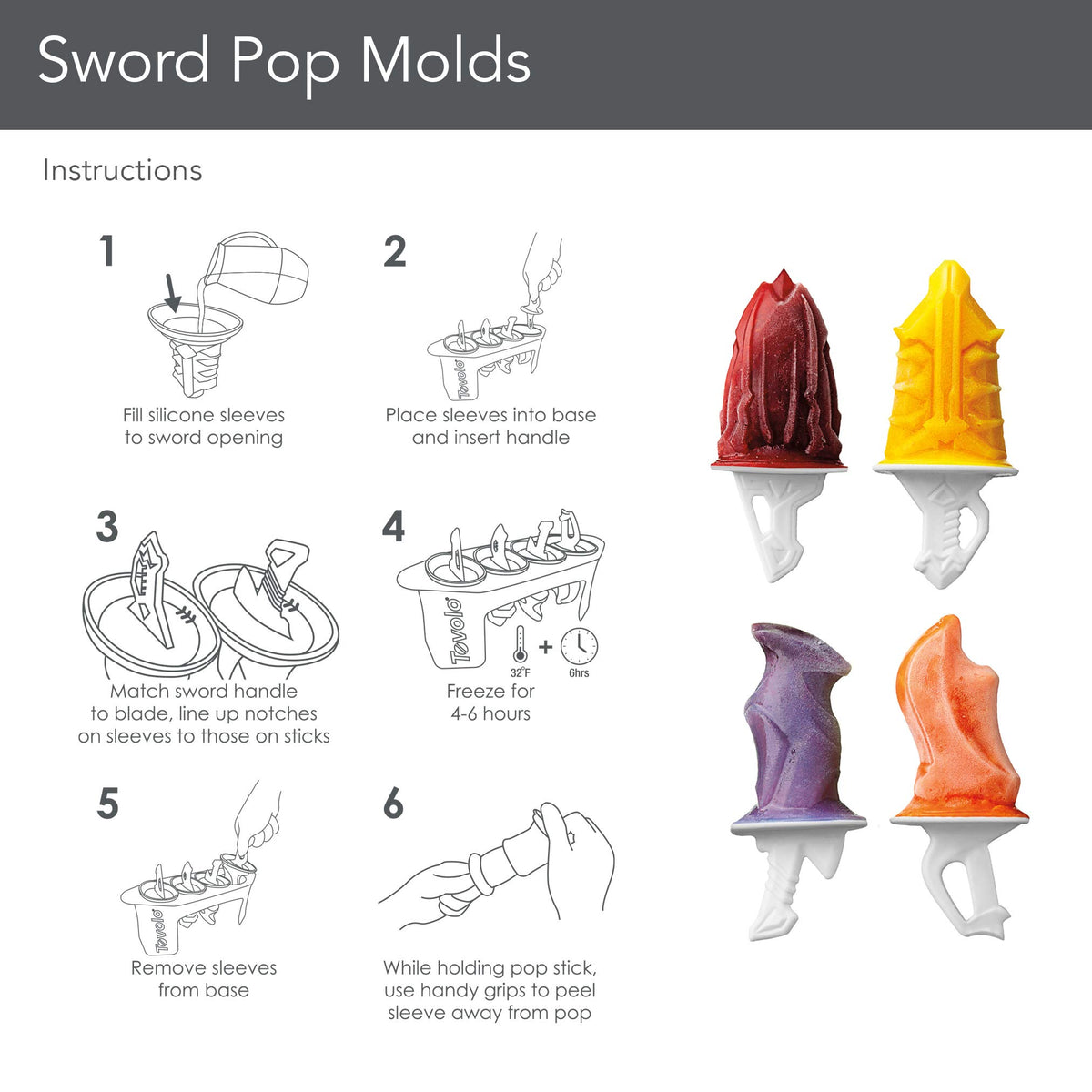 Freezer Pop Molds Sword Set of 4 by Tovolo – 4 Pack, 2.64 fluid_ounces, Silicone, White, Model 81-12080