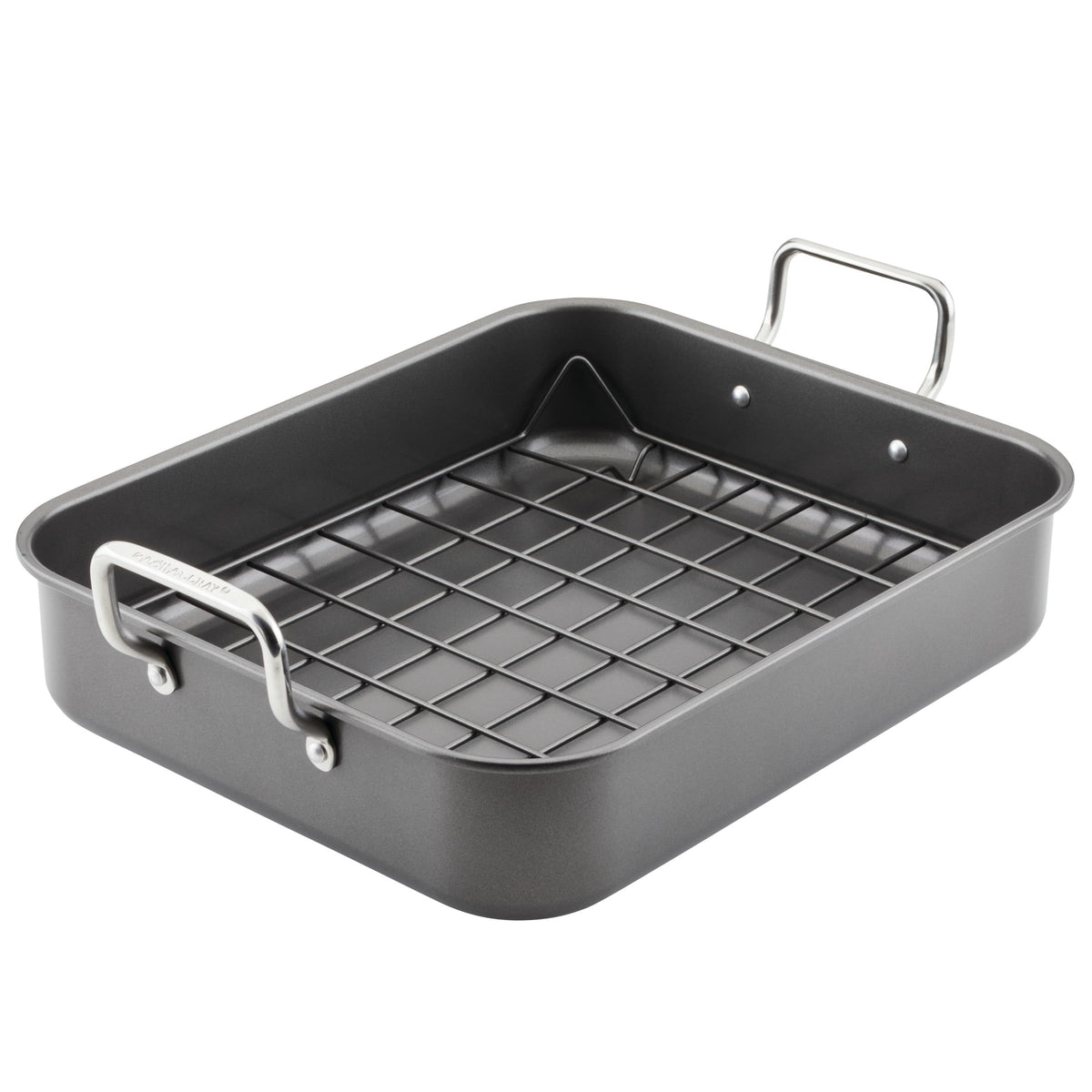 Rachael Ray Steel Roasting Pan with Rack, 16.5 x 13.5 Inch, Gray