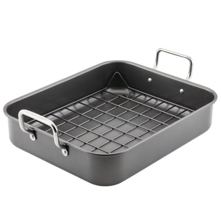 Rachael Ray Steel Roasting Pan with Rack, 16.5 x 13.5 Inch, Gray