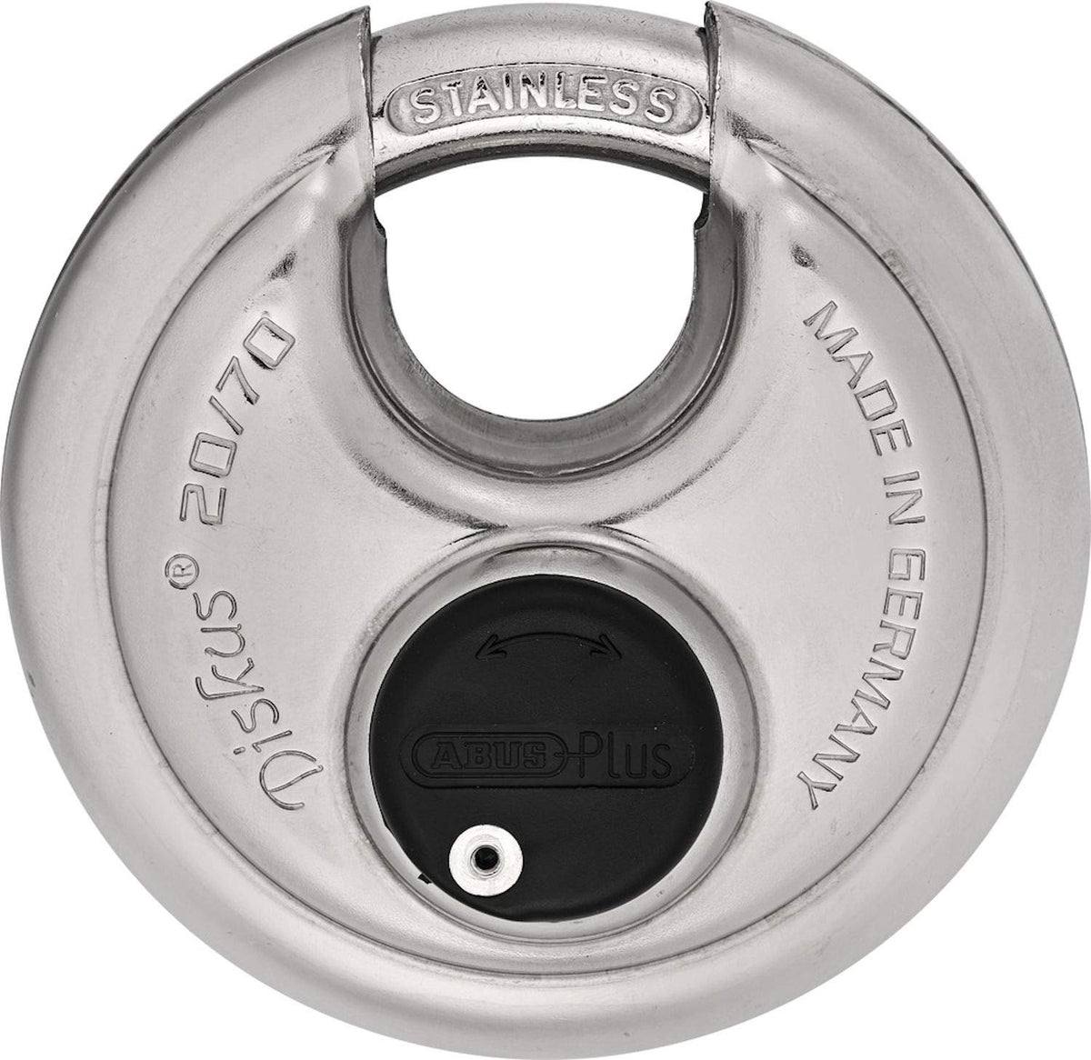 20/70 KA Diskus Padlock by ABUS – 2-3/4" Wide, Stainless Less, Polished Stainless, Model 20/70_KA