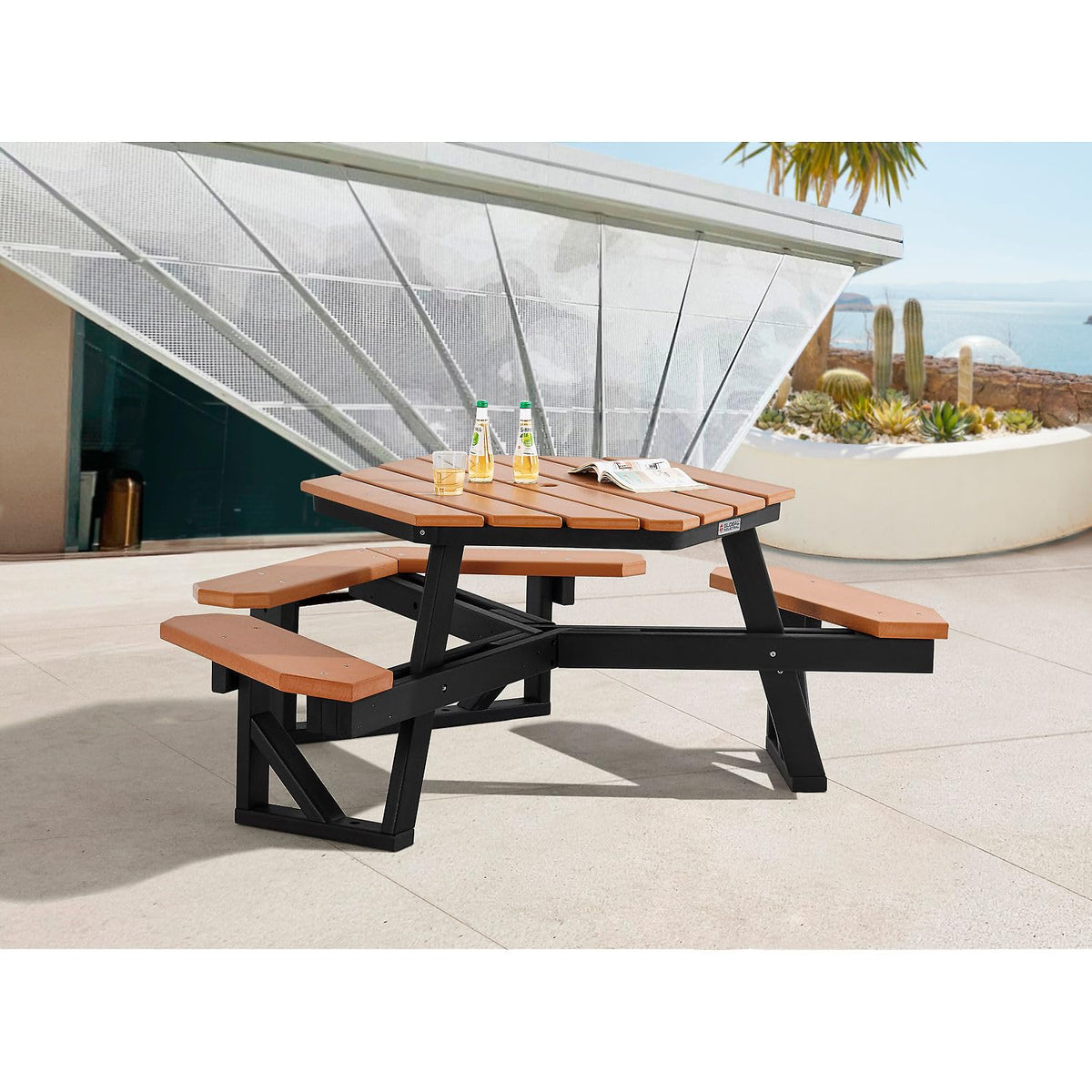 Outdoor 46" Hexagonal ADA Accessible Picnic Table by Global Industrial – Recycled Plastic, Cedar, Model 271676CD