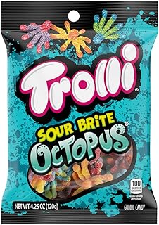 Trolli Sour Brite Octopus Sour Gummy Candy, 4.25 oz | Octopus-shaped sour gummy candy, peg bag, snacking, on-the-go, party candy, novelty shape, lunchbox