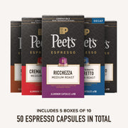 Peet's Coffee Variety Pack with Decaf / 10 Count (Pack of 5) / Variety Pack with Decaf - 50 Capsules Single-Serve Capsules & Pods