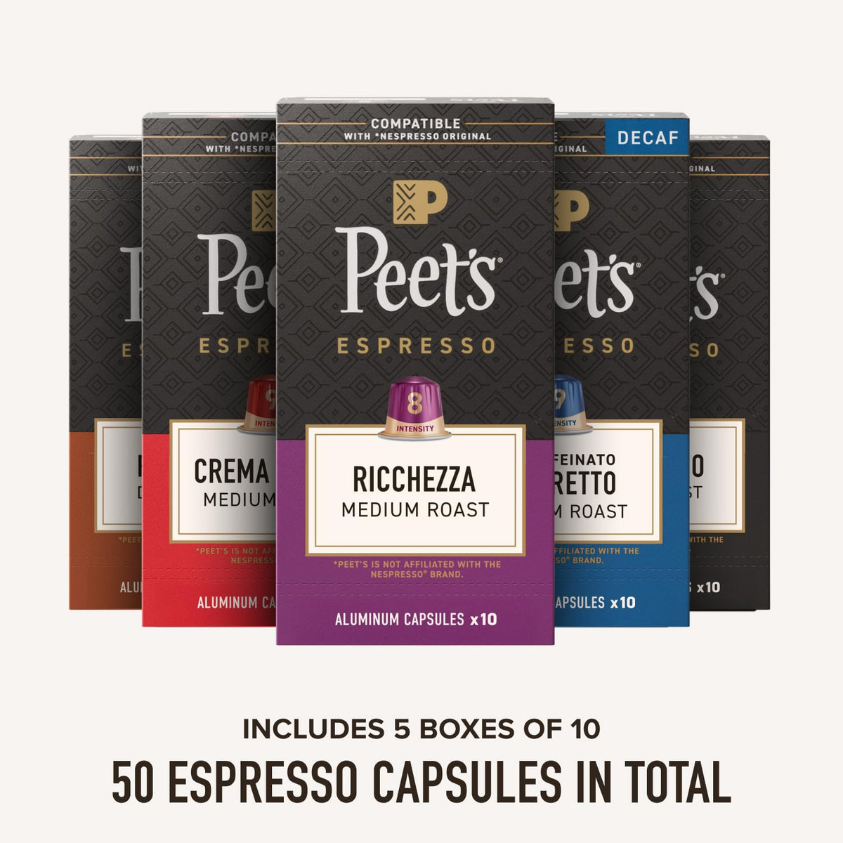 Peet's Coffee Variety Pack with Decaf / 10 Count (Pack of 5) / Variety Pack with Decaf - 50 Capsules Single-Serve Capsules & Pods