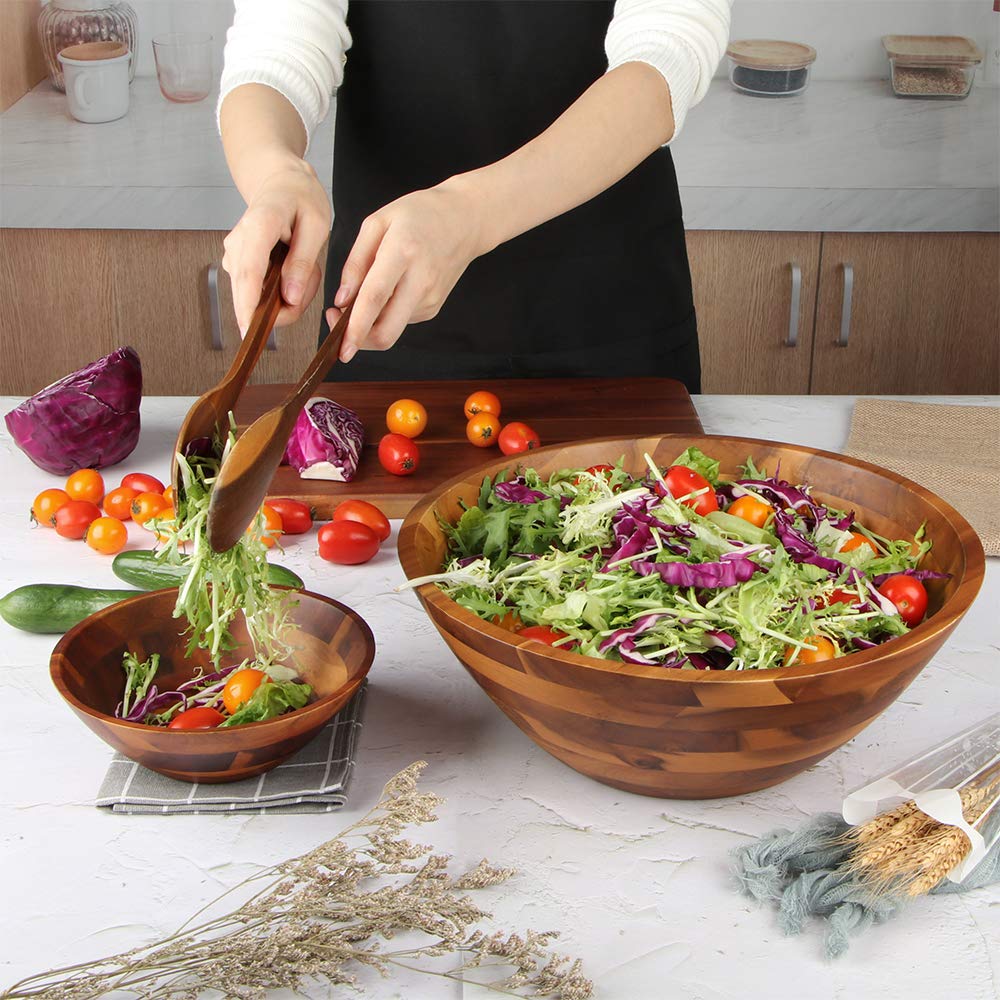 Aidea Wooden Salad Bowl Set, 12.5 Inch Acacia Wood, with Servers, Brown