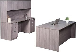 Boss Office Products 66 Inch Executive Office Suite with 2 File Storage Pedestals, Credenza, and Hutch, Driftwood