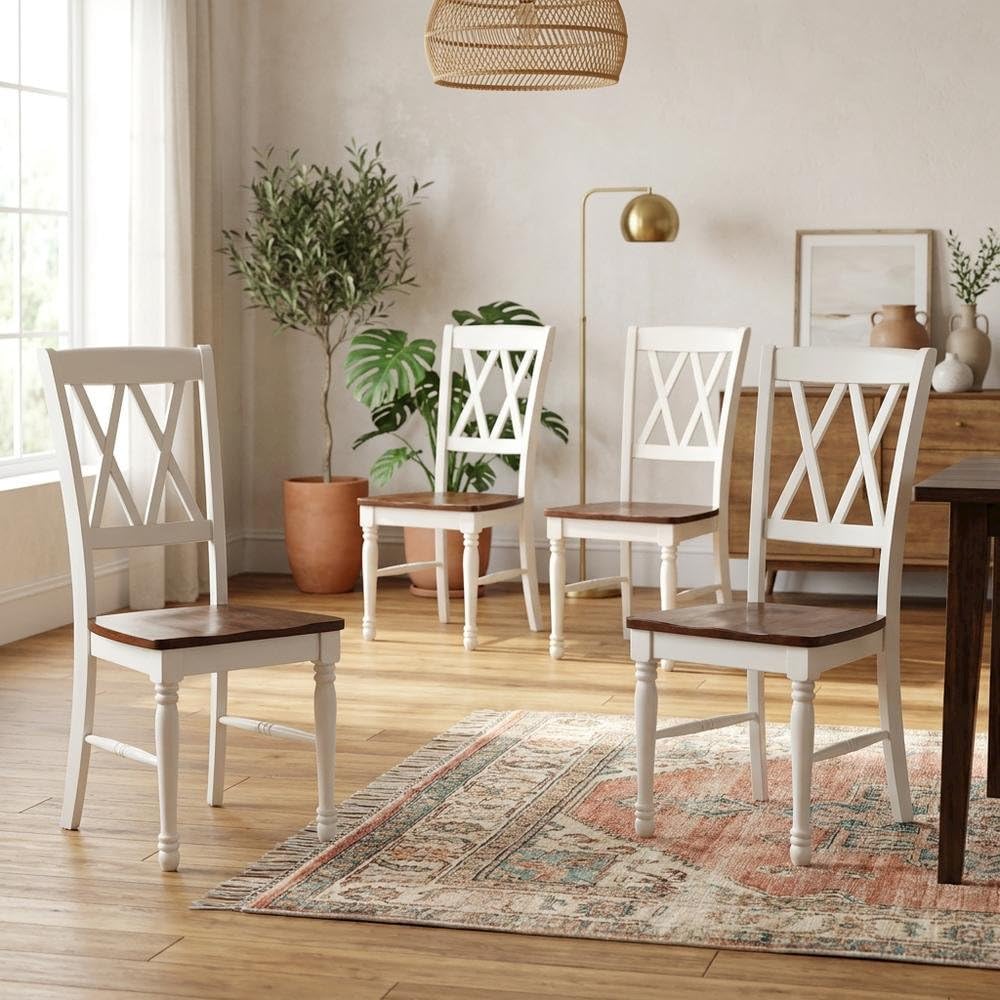 White Dining Chairs Set by Furnifact – Solid Rubberwood 50.00%,Mdf 40.00%,Birch Veneer 10.00%, White, Pack of 4