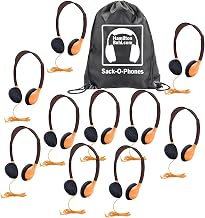 HamiltonBuhl Sack-O-Phones, 10 Personal Headphones in a Carry Bag, Orange