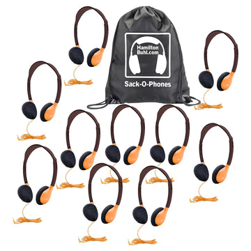 Sack-O-Phones, 10 Personal Headphones in a Carry Bag, Orange by HamiltonBuhl – One Size, foam, Orange, Pack of 10, Model SOP-HA2ORG