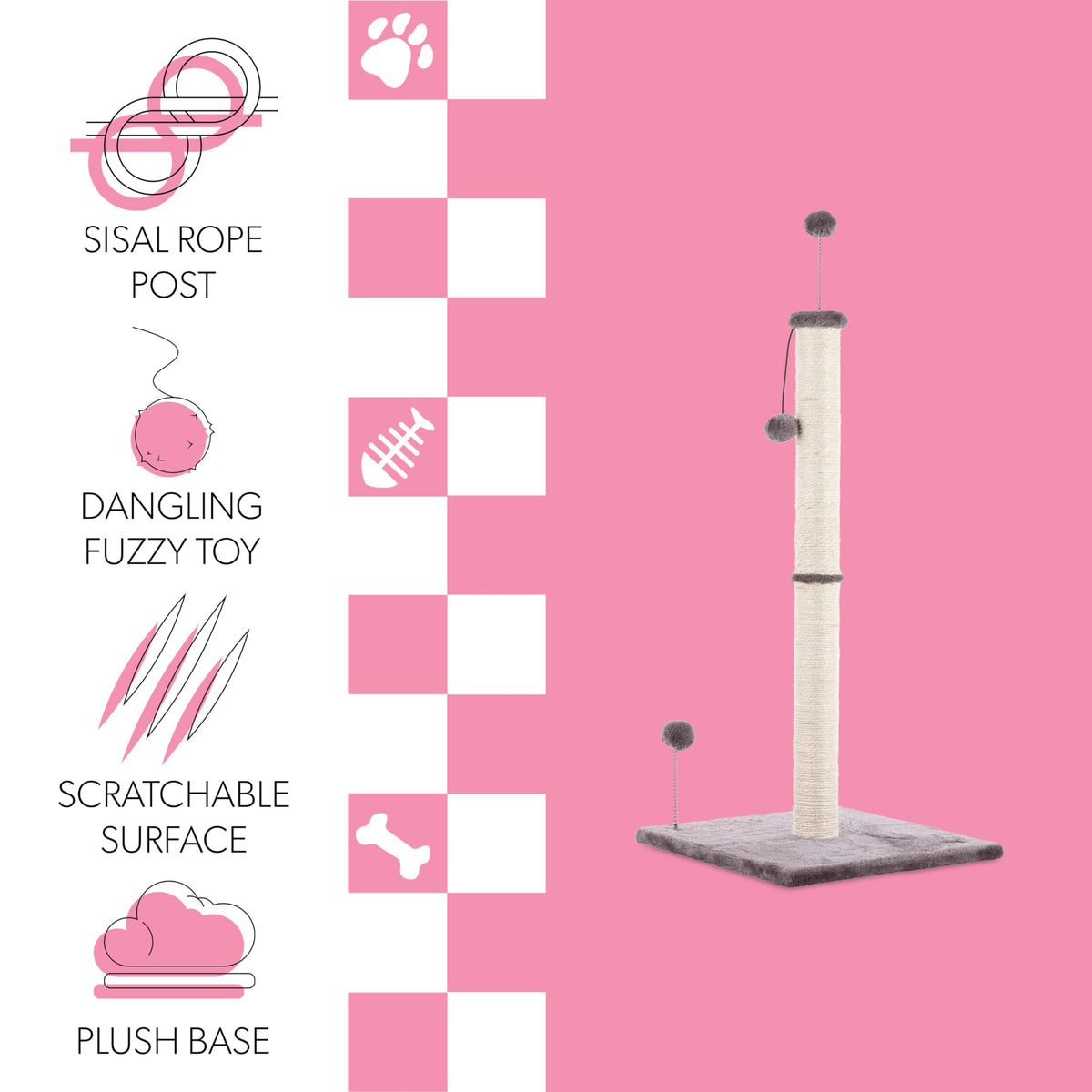 Rylie 38" Farmhouse Sisal Pillar Cat Scratching Post with Fuzzy Toys and Spring Balls by THE LICKER STORE – Plush/Sisal Rope, Gray/Cream, Model CTR1010A