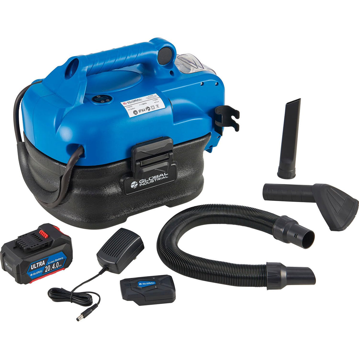 Battery Powered HEPA Wet/Dry Vacuum with Air Inflate Adapter by Global Industrial – Plastic, Blue, Model JN701