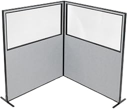 Global Industrial 60-1/4"W x 72" H Freestanding 2-Panel Corner Room Divider with Partial Window, Gray