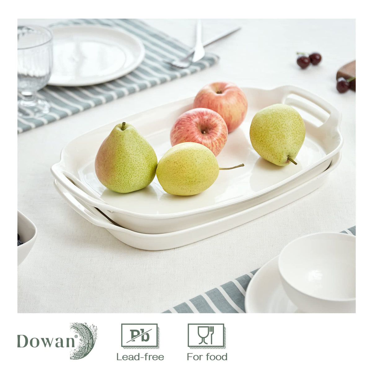DOWAN Porcelain Serving Platter Set, 15.4 x 10 Inch Rectangular with Handles, White