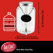 2 Gallon Mason Jar Glass Beverage Dispenser, 7.75" x 10.25" x 12.25", Includes Chrome Plated Faucet, Ice Corer, Infuser, Black Chalkboard Necklace, Ideal for Parties by Tablecraft