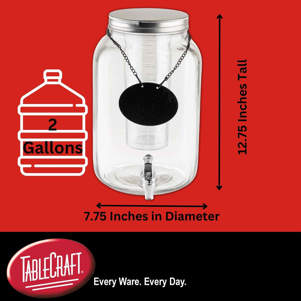 2 Gallon Mason Jar Glass Beverage Dispenser, 7.75" x 10.25" x 12.25", Includes Chrome Plated Faucet, Ice Corer, Infuser, Black Chalkboard Necklace, Ideal for Parties by Tablecraft
