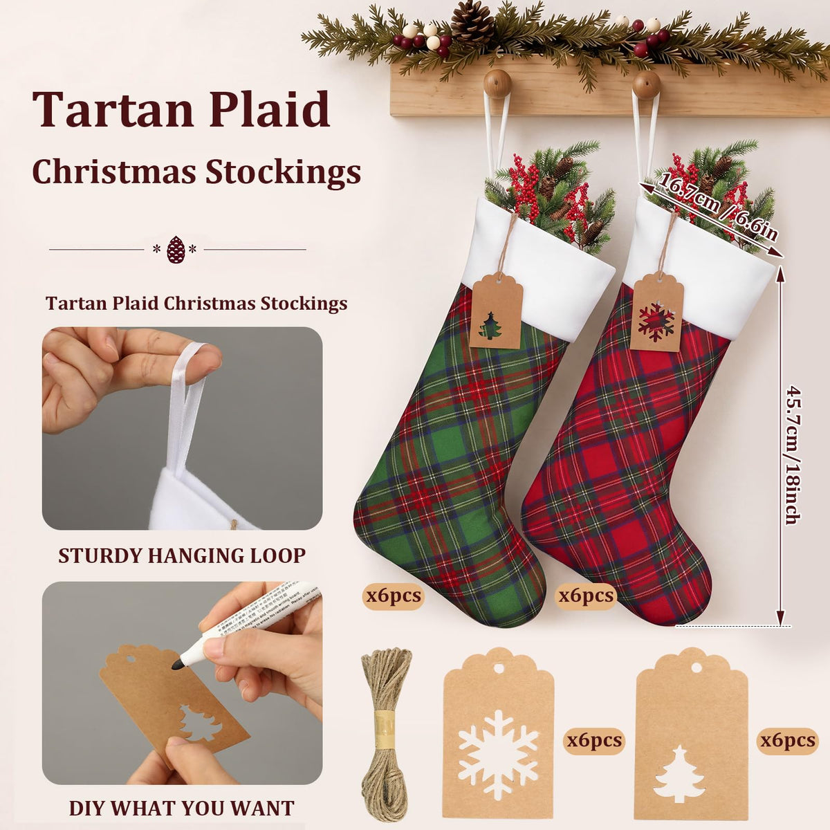Twistover Christmas Stockings, 18 Inch Tartan Plaid Set of 12, Red Green
