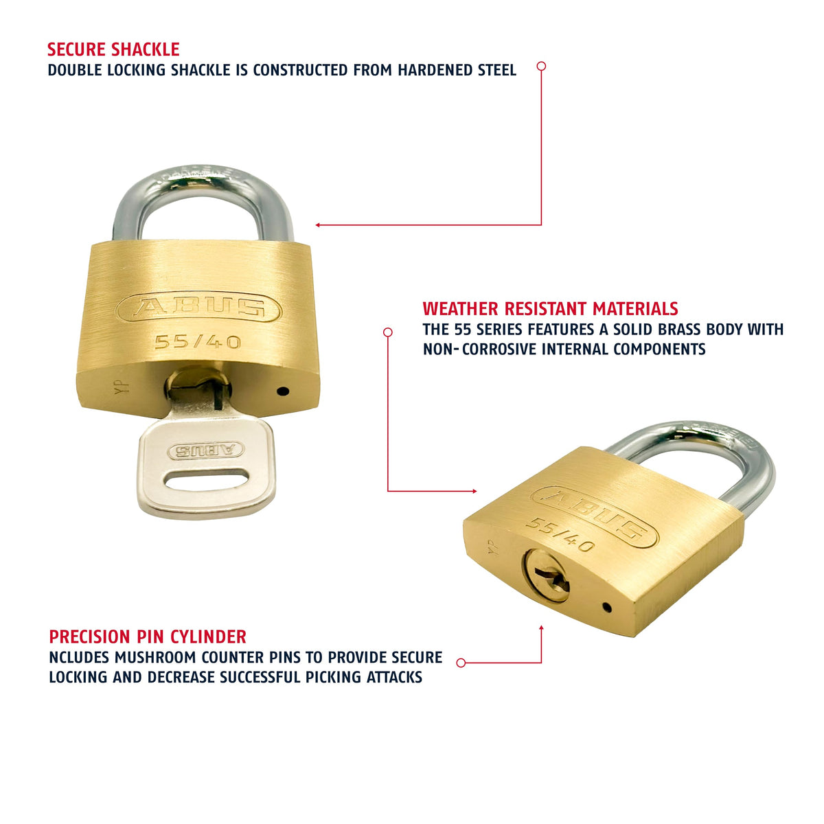 55/40 Solid Brass Padlock with 2 Keys for School by ABUS – 1.5-Inch, Stainless Steel, Silver, Model 55/40 B KD