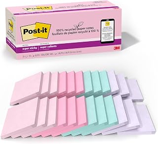 Post-it Super Sticky Notes 3x3 inch Wanderlust Pastels | 100% Recycled Paper | 2X Sticking Power | For Office & School | 24 Pads, 70 Sheets, Pack of 8