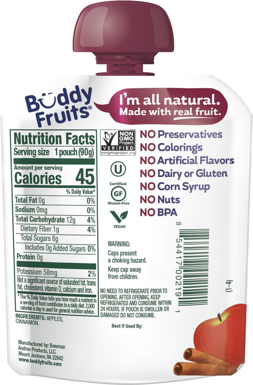 Buddy Fruits Apple & Cinnamon / 3.2 Ounce (Pack of 18) / 18 Applesauce