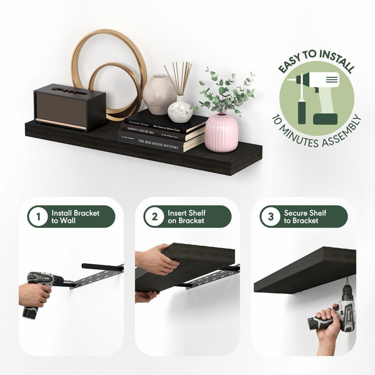 Tanna Floating Shelves for Wall by Furinno – 11.8 x 35.4, Engineered Wood, Tobacco Oak, Model N25621TO