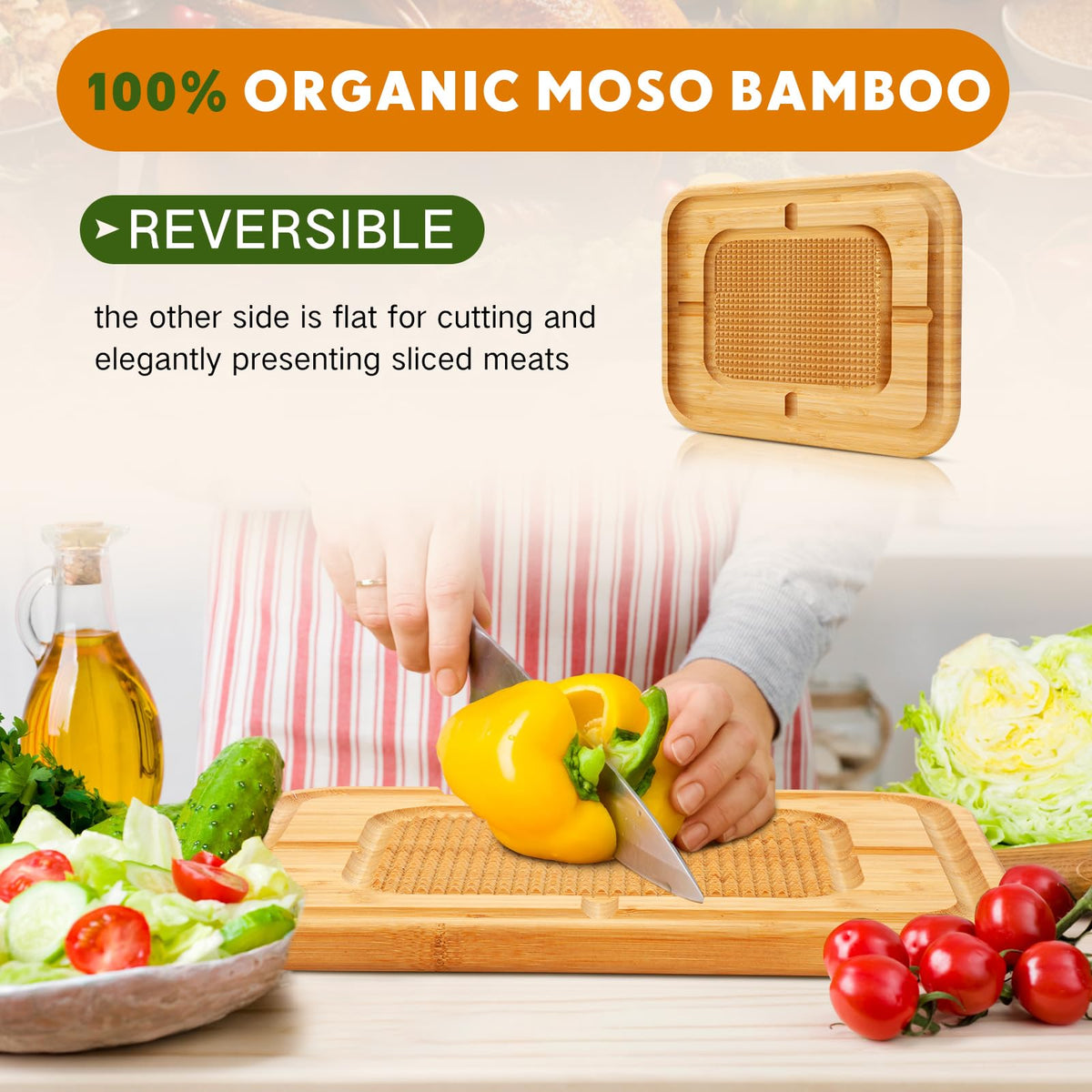 Patelai Bamboo Carving Board, 16 Inch with Juice Groove and Spikes, Natural