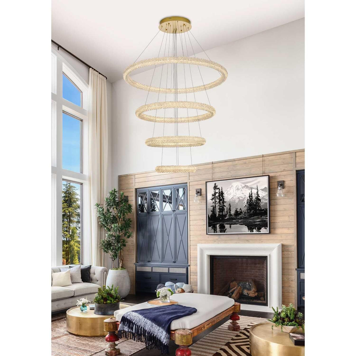 Bowen LED Chandelier Satin Gold by Lighting Design – Iron and Crystal, Satin Gold, Model 3800G41SG