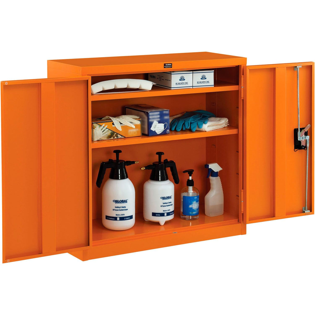 Emergency Preparedness Cabinet with Locking Recessed by Global Industrial – 12"L x 30"W x 30"H, Steel, Orange, Model 298684