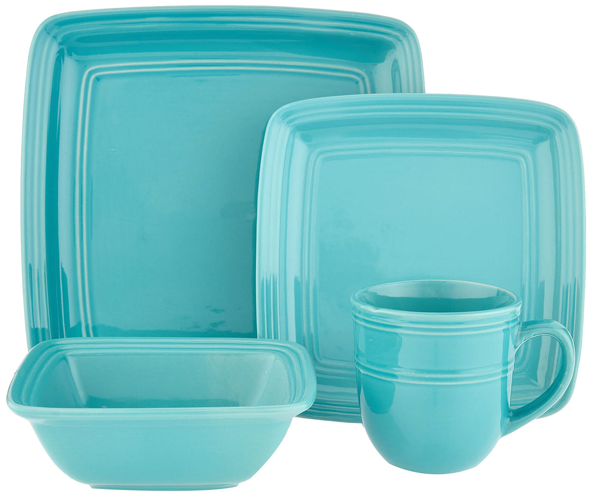 Madelyn Square Dinnerware Set by American Atelier – Unique Gift Idea 10.5x10.5", Stoneware, Turquoise, Pack of 16, Model 6524-16-RB