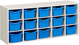 ECR4Kids 15 Cubby Tray Cabinet with Bins, 3x5, White Wash, Blue